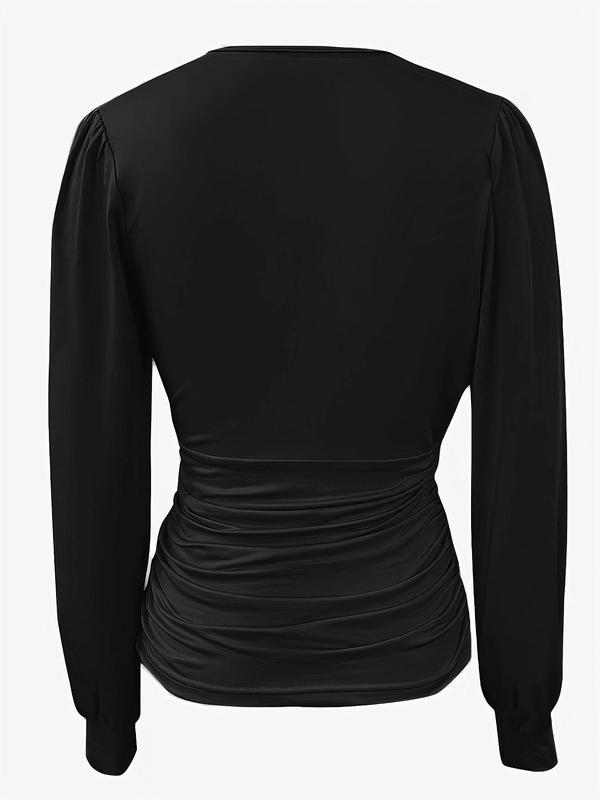 Women's Solid Ruched Deep V Neck Blouse, Casual Long Sleeve Going Out Tops for Spring & Fall, Summer Clothes, Women's Clothes for Daily Wear