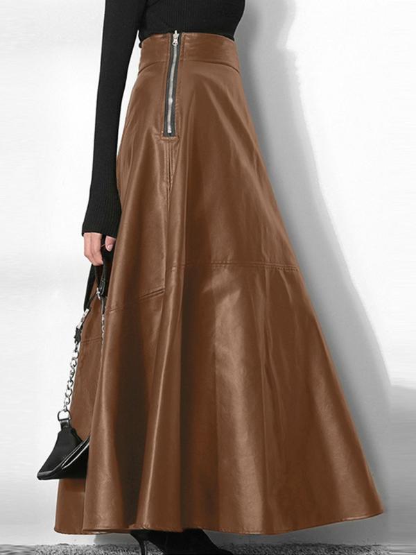 Women's Solid Color High Waist A Line Skirt, Fashionable PU Leather Skirt for Daily Outdoor Wear, Women's Bottoms for Fall & Winter
