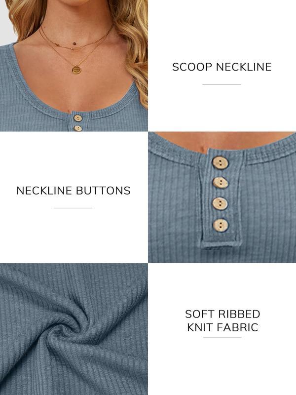 Women’s Long Sleeve T Shirts Button Slim Fit Tops Scoop Neck Ribbed Knit Shirts Casual Clothing Bag Blouses Bottoms Comfy Cute Fashion Pleated