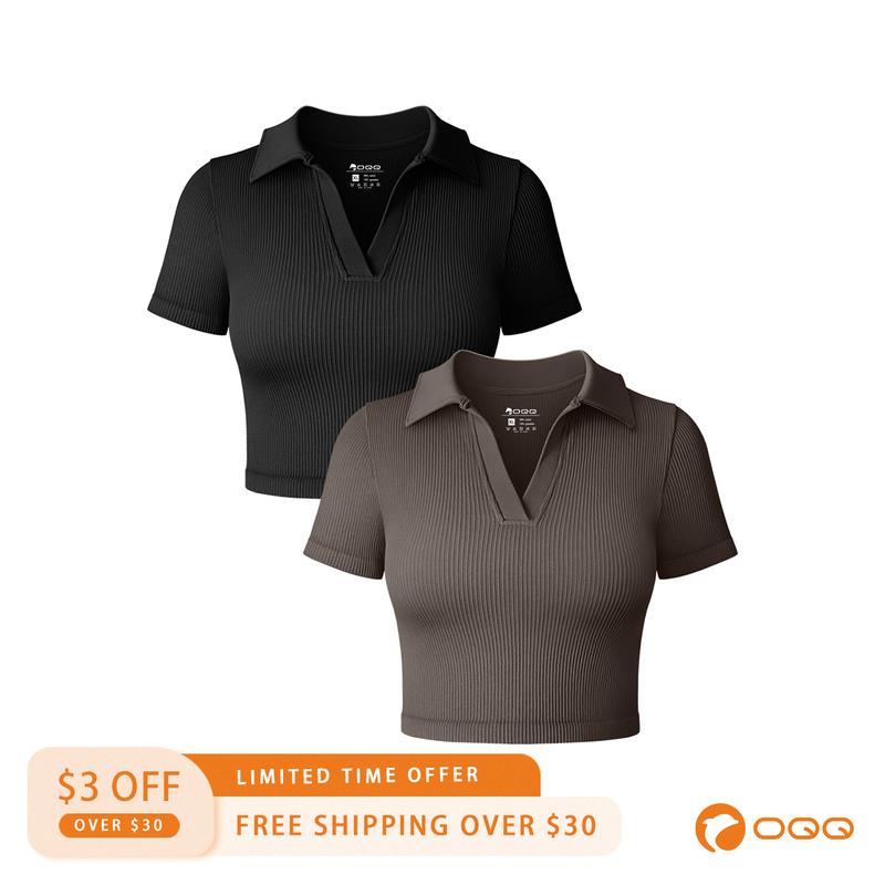 OQQfitness Womenswear Short Tops Lapel Small V Neck   Comfort Fabric Tight Tops Polo Shirts