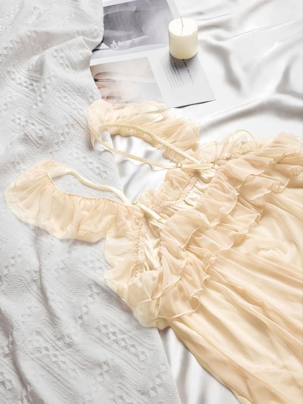 Women's Contrast Lace Bow Decor Cami Nightdress, Casual Soft Tiered Layer  Adjustable Spaghetti Strap Nightgown for All Seasons, Ladies Sleepwear for Indoor Wear