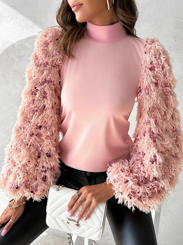 Women's Sequins Decor Fuzzy Bishop Sleeve Mock Neck Blouse, Casual Long Sleeve Top for Fall & Winter, Women's Clothing for Daily Wear