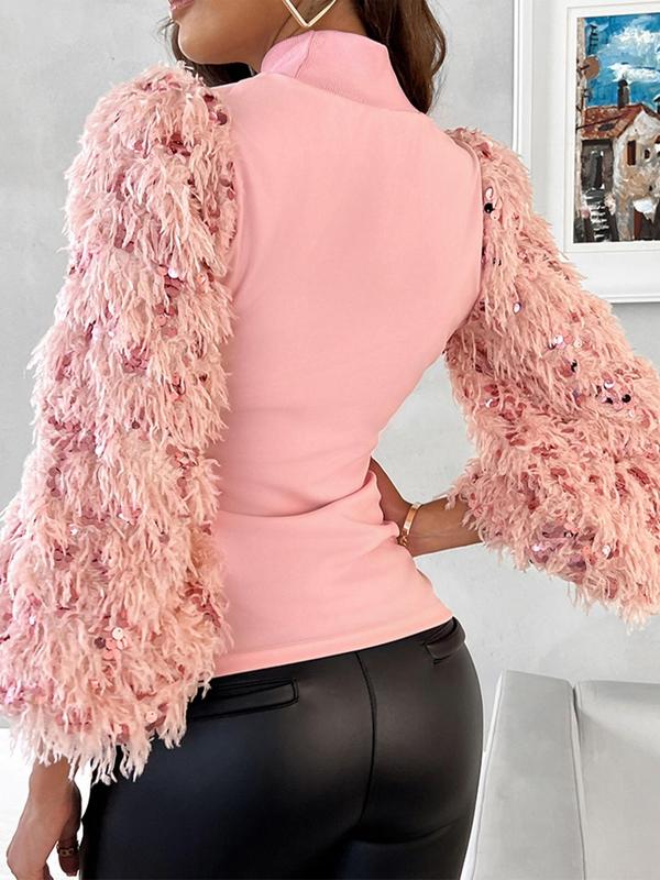 Women's Sequins Decor Fuzzy Bishop Sleeve Mock Neck Blouse, Casual Long Sleeve Top for Fall & Winter, Women's Clothing for Daily Wear