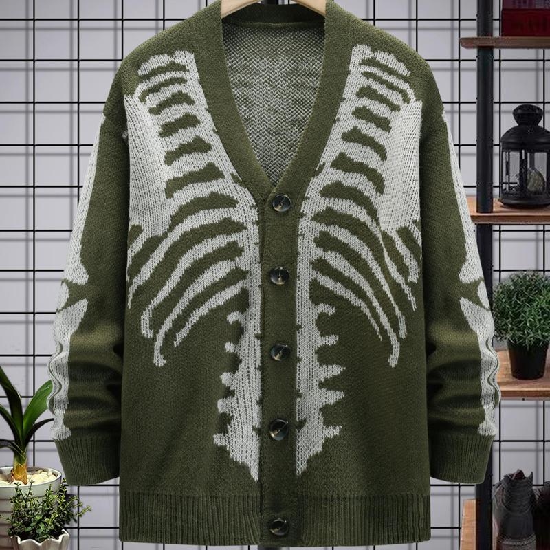 Skeleton Print Long Sleeve Cardigan Sweaters V Neck Button Down Outwear Coats