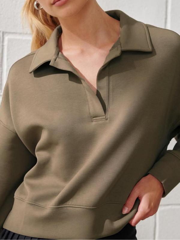Women's Plain Drop Shoulder Polo Sweatshirt, Casual Long Sleeve Collared Pullover for Fall & Winter, Ladies Clothes for Daily Wear