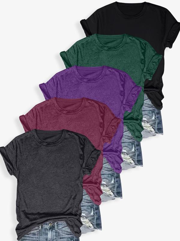 Women's Solid Round Neck Tee, Casual Short Sleeve Crew Neck T-shirt for Summer, Basic Tees, T Shirts for Women, Ladies Clothes for Daily Wear