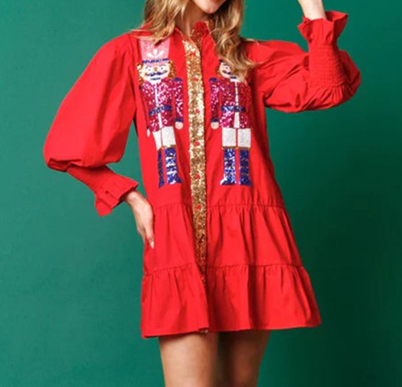 Women Christmas Sequin Skirt Nutcracker Sweatshirt Nutcracker Shirt Dress Long Sleeve Santa Sweater Mini Dress Holiday Dresses Cute Clothes Casual Fabric