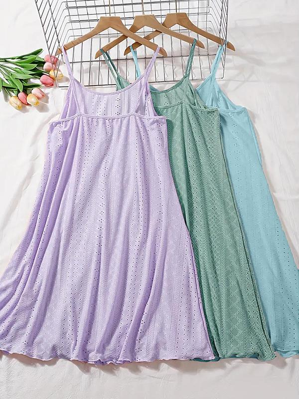  Solid Color Eyelet Embroidery Cami Nightdress, Casual Soft Comfortable Sleeveless Nightgown for Women, Women's Sleepwear for All Seasons