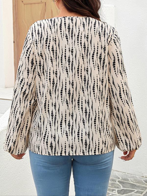  All Over Print Notched Neck Blouse, Casual Bishop Sleeve Top for Daily Wear, Women's Clothing for All Seasons