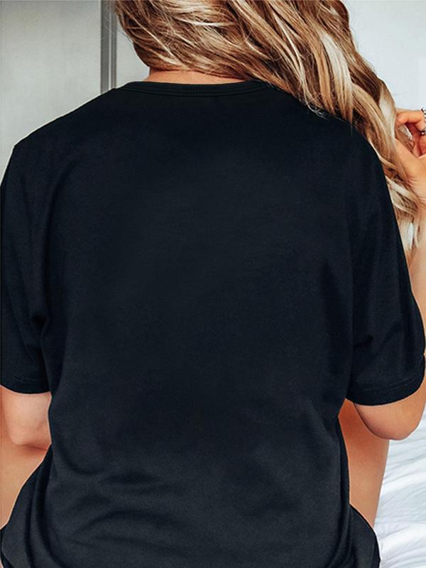 Women's Cartoon & Letter Print Round Neck Tee, Fashion Casual Crew Neck T-Shirt for Daily Holiday Vacation Outdoor Wear, Ladies Clothes for Summer