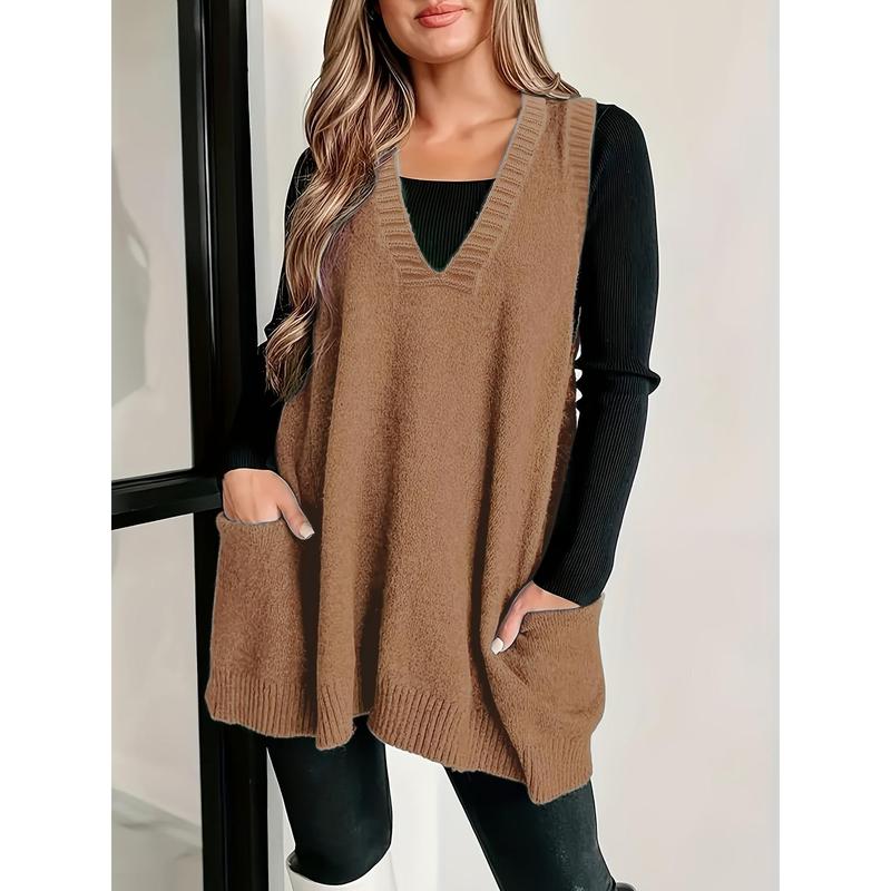 Plus Size Pockets Knitted Sweater Vest, Casual Solid Color V Neck Sleeveless Top For Fall & Winter, Women's Plus Size Clothing