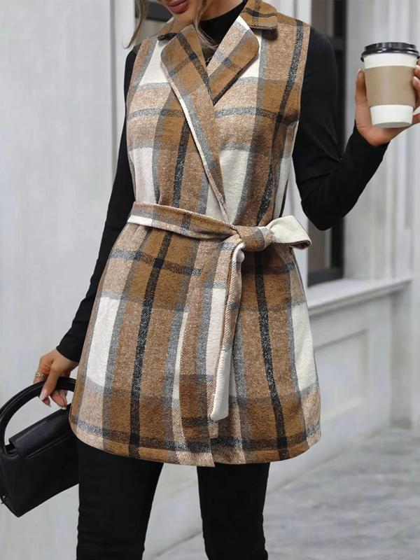 Women's Plaid Print Belted V Neck Waistcoat, Casual Fashion Comfy Gilet Coat for Daily Outdoor Wear, Women Clothes for Fall, Lady Fitted Vest Coat Womenswear, Back To School Outfit for Christmas