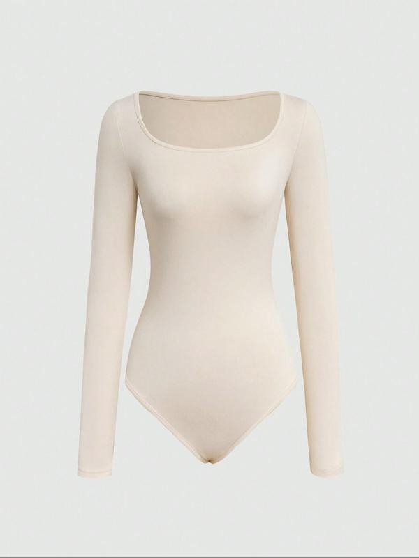 Women's Solid Scoop Neck Long Sleeve Bodysuit, Casual Tops, Comfy Bodysuit for Daily Wear, Ladies Clothes for All Seasons North West Body Suit