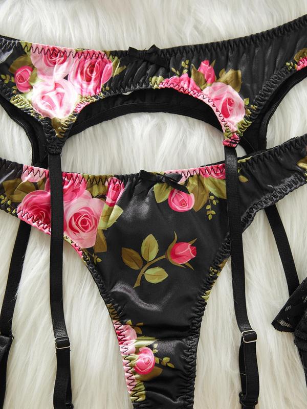 Women's Floral Print  Bra & Thong & Garter Belt  & Contrast Lace Stockings Set, Sexy Adjustable Strap Backless Lingerie Set, Women's Underwear Set