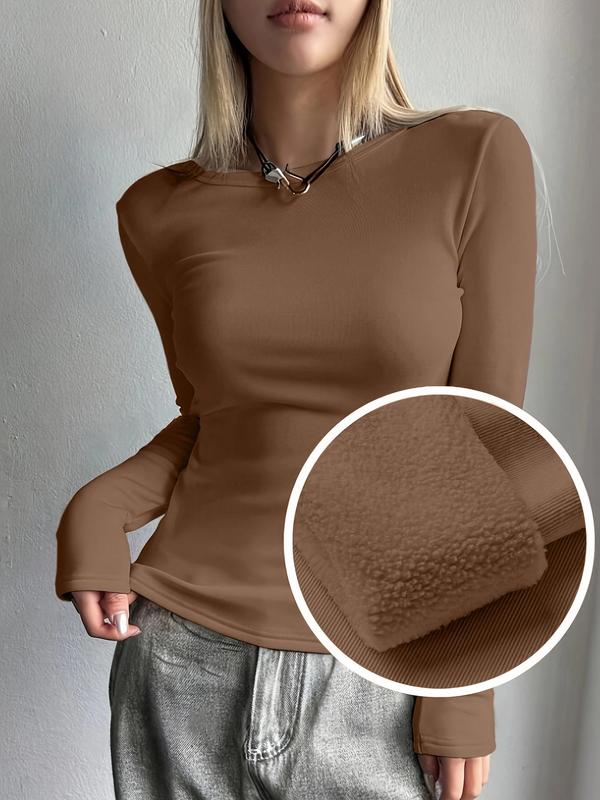 Women's Solid Thermal Lined Crewneck Top, Casual Long Sleeve Round Neck Top for Fall & Winter, Women's Thermal Underwear for Daily Wear