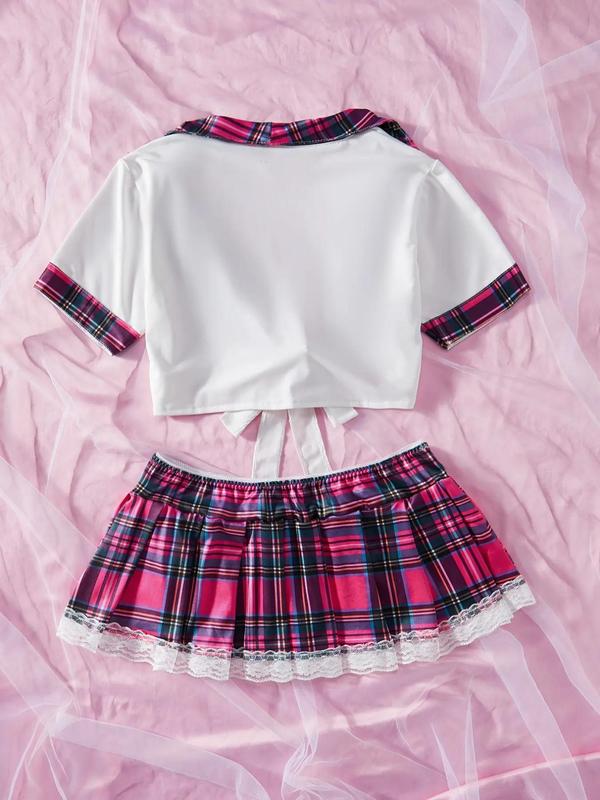Women's Tartan Contrast Lace Ribbon Crop Top & Drop Waist Skirt Lingerie Set, Sexy Comfy Breathable Lingerie Set for Daily Wear, Women's Lingerie & Underwear for All Seasons