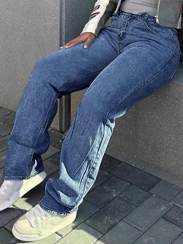 Women's Plain Button Fly Straight Leg Denim Jeans, Casual Pocket Design Trousers for Daily Wear, Ladies Bottoms for All Seasons