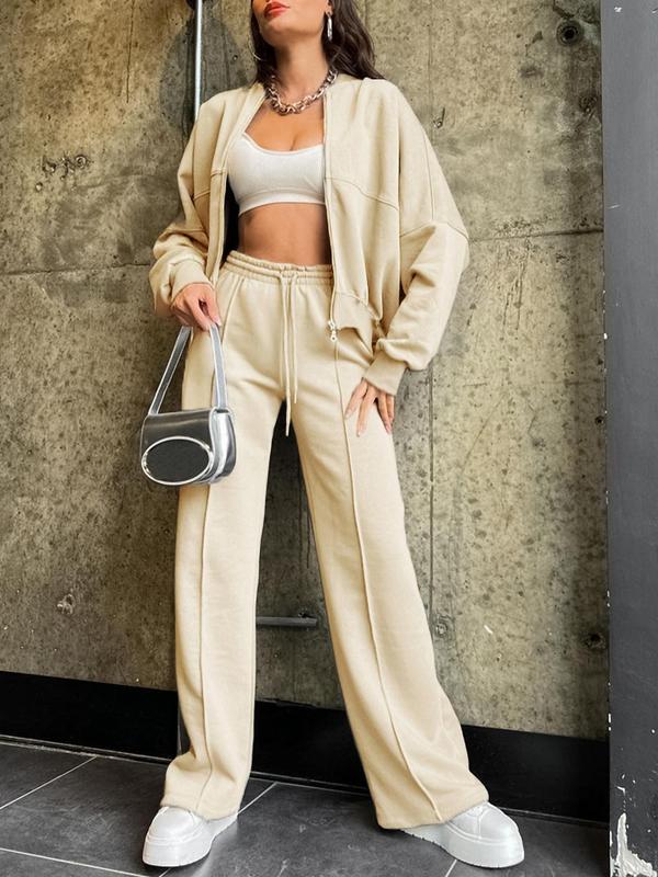 Sporty Two-Piece Set Women's Plain Mock Neck Zip Up Jacket & Pocket Drawstring Waist Sweatpants Sports Sweat Suit, Sports Cozy Breathable Outfits for Daily Outdoor Wear, Ladies Sportswear for All Seasons
