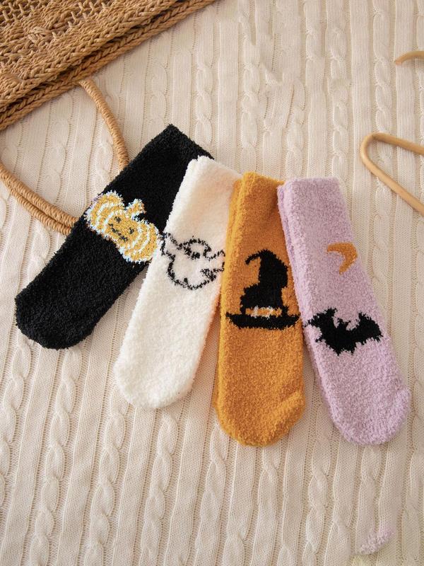 Women's Cartoon Print Crew Socks, Casual Halloween Themed Soft Comfortable Fuzzy Socks for Fall & Winter, Women's Socks for Daily Wear