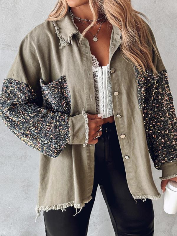  Contrast Sequin Raw Hem Button Front Shirt Jacket, Casual Long Sleeve Collared Pocket Outerwear for Fall & Winter, Women's Clothes for Daily Wear
