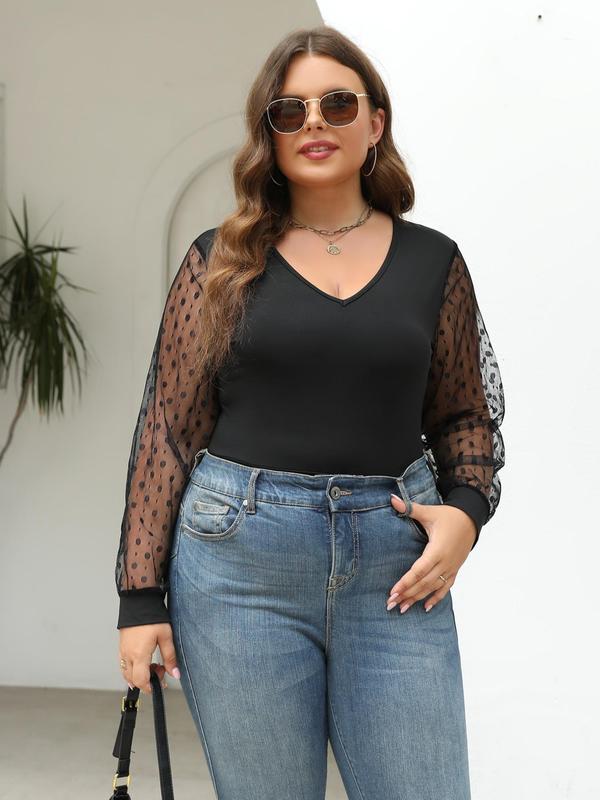  Plain Contrast Mesh Sheer Bishop Sleeve One-piece Bodysuit, Elegant Casual Long Sleeve V Neck Bodysuit for Spring & Fall, Women's Clothes for Daily Wear