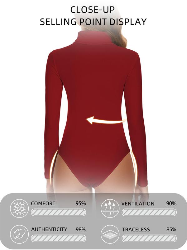 Women's Solid Long Sleeve Thermal Bodysuit, Casual Comfy High Neck Snap Button Warm Bodysuit for Spring & Fall, Women Thermal Underwear for Daily Wear