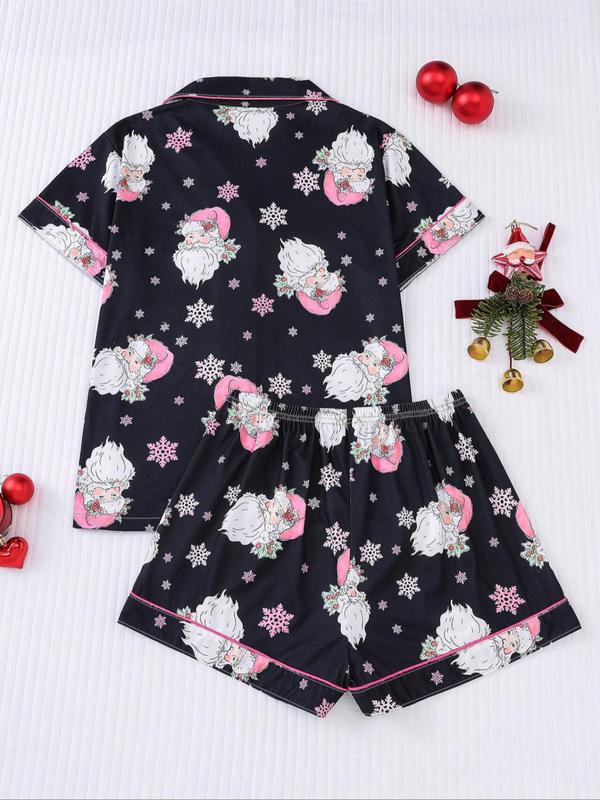 Two-Piece Set Women's Christmas All Over Cartoon Print Pajama Set, Casual Comfy Crew Neck Short Sleeve Top & Elastic Waist Shorts PJ Set, Ladies Sleepwear for All Seasons