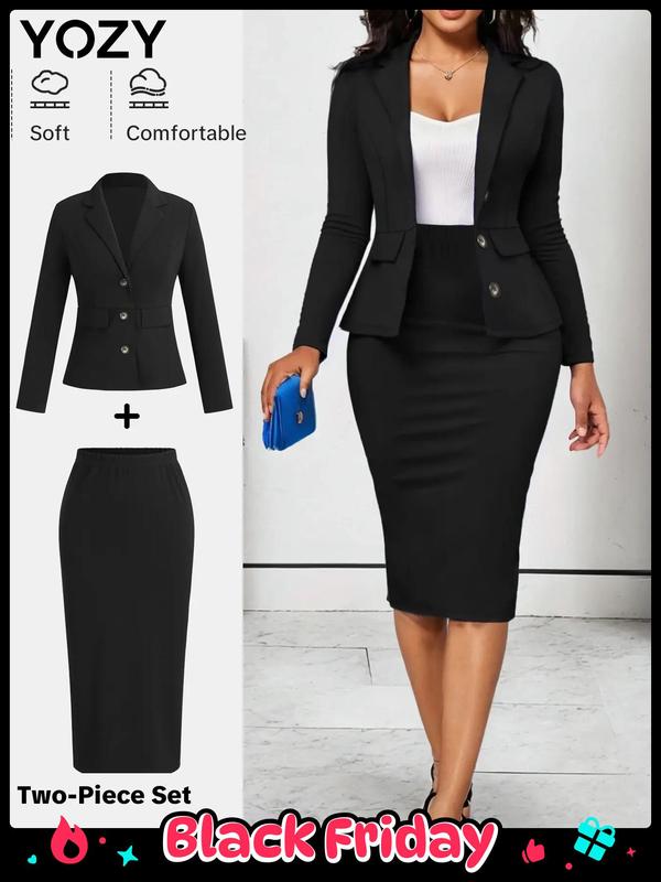 Black Friday Deals YOZY 2 Counts Peplum Blazer & Split Skirt   Lapel Neck High Waist Button Front Fashionable Workwear, 2024 Women's Daily Wear for Spring & Fall, Christmas 2024 Trend, Thanksgiving Clothes, Fall Clothes, Winter Clothes