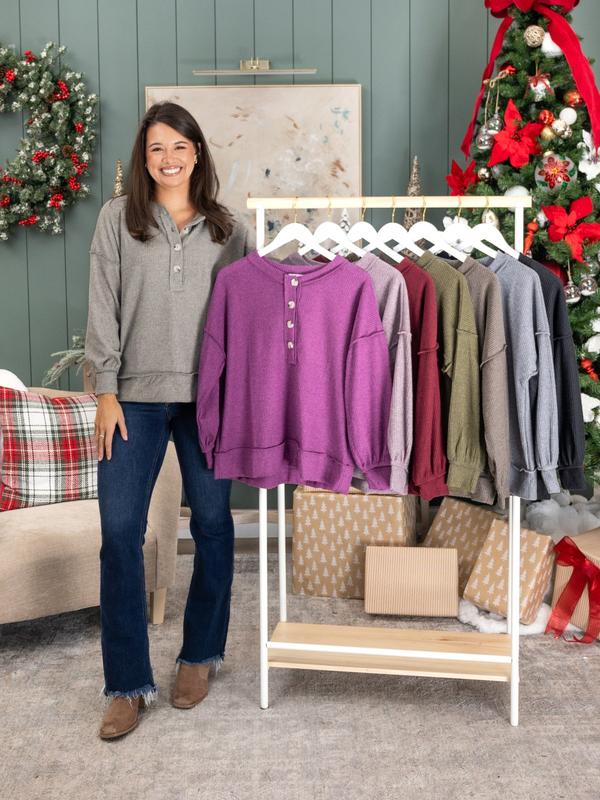 Andree Button Up Long Sleeve Ribbed Henley Top | S - 3X