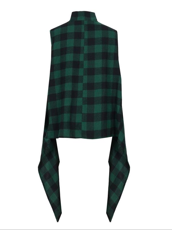 Plus Size Plaid Print Exaggerated Ruffle Trim Open Front Waistcoat, Casual Sleeveless Long Outerwear For Fall & Winter, Women's Clothes For Daily Wear, Fall Clothing