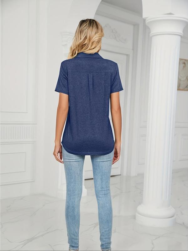 Women's Plain Pocket Polo Neck Tee, Casual Short Sleeve T-Shirt for Daily Wear, Ladies Clothes for All Seasons