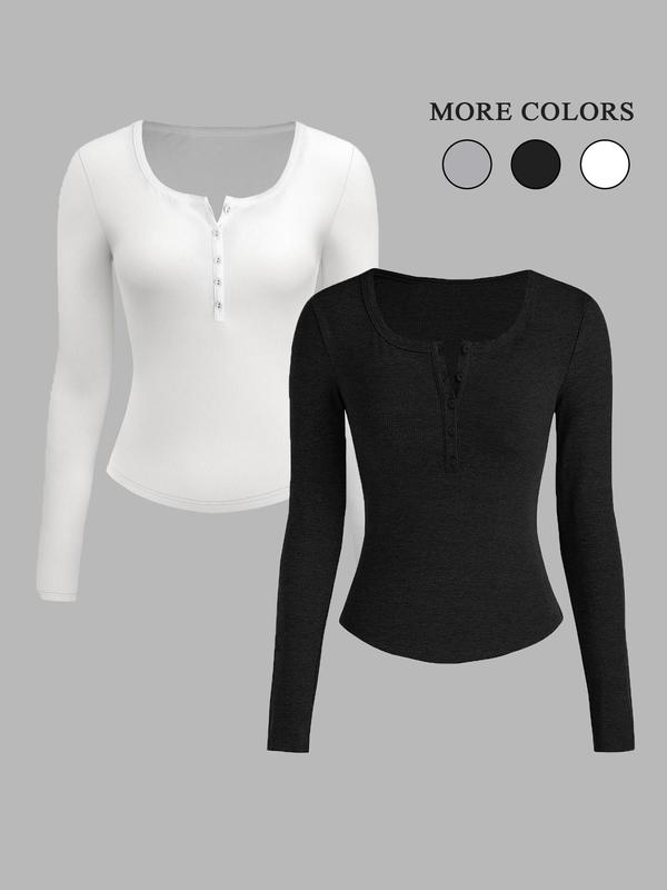 Fall Women's Solid Button Front Ribbed Shirts, Casual Long Sleeve Round Neck T-shirt for Fall, Women's Top for Daily Wear, Fall Vintage 90s Tees, Downtown Girl Clothes