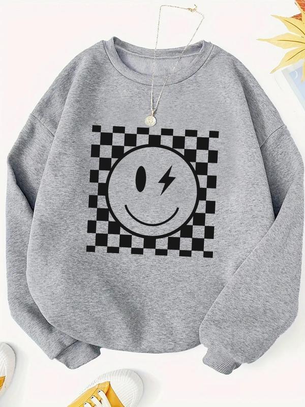 Women's Smile Face Print Crew Neck Sweatshirt, Casual Long Sleeve Pullover for Fall & Winter, Women's Clothes for Daily Wear