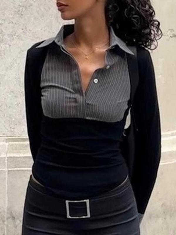 Women's Colorblock Patchwork & Striped Print 2 in 1 Polo Shirt, Casual Flounce Sleeve Buttons Top for Fall, Ladies Clothes for Daily Wear