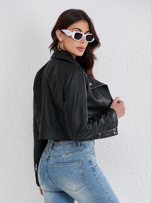 Women's Solid Button Front Pocket Zipper PU Leather Crop Jacket, Street Fashion Long Sleeve Lapel Outerwear for Daily Wear, Ladies Clothes for All Seasons