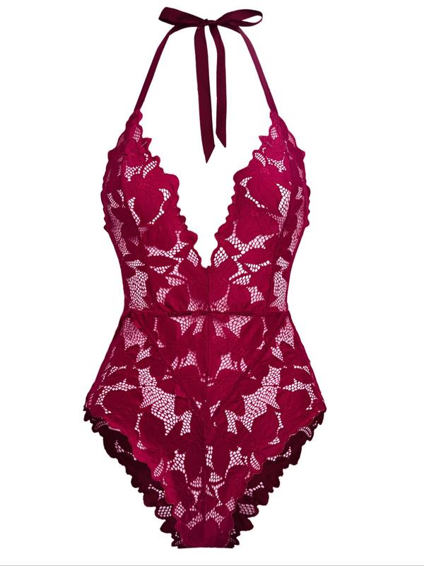 Women's Plants Embroidery Lace Sexy Lingerie Bodysuit, Romantic Deep V Neck Tie Backless Halter Sheer Bodysuit, Ladies One-Piece Lingerie for Nightwear