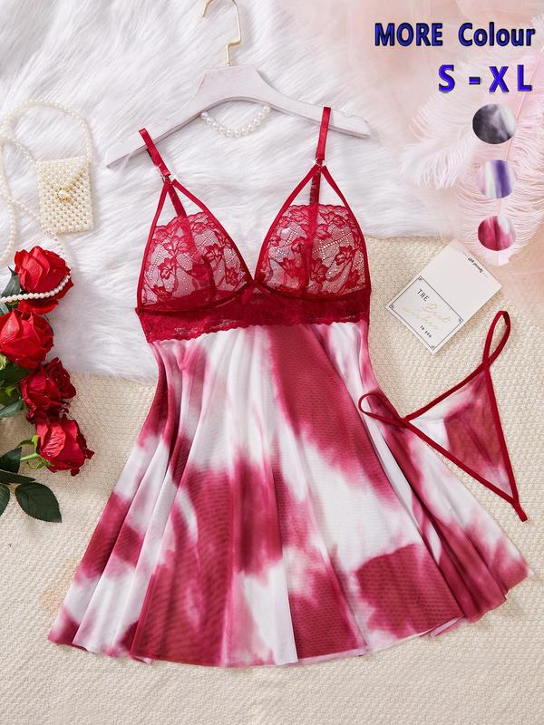 Women's Tie Dye Print Contrast Mesh Bow Decor Cami Nightdress & Thong Two-piece Set, Romantic Spaghetti Strap Nightgown & Panty Set, Ladies Sleepwear for All Seasons