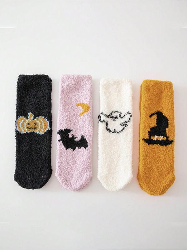 Women's Cartoon Print Crew Socks, Casual Halloween Themed Soft Comfortable Fuzzy Socks for Fall & Winter, Women's Socks for Daily Wear