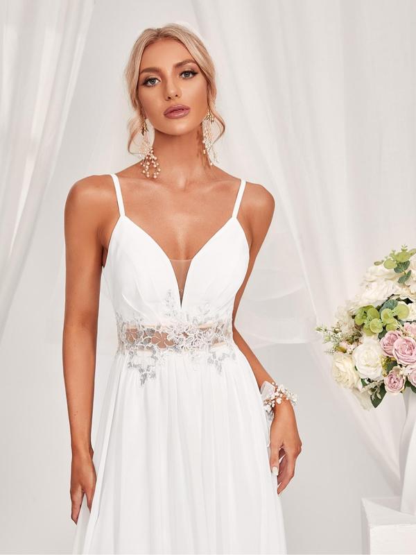 Women's Plain Contrast Lace Chiffon Wedding Vintage Dress, Elegant Embroidery Long Cami Dress, Summer Outfits 2024, Ladies Summer Clothes for Party Wedding Guest