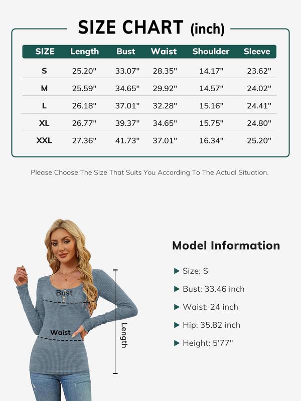 Women’s Long Sleeve T Shirts Button Slim Fit Tops Scoop Neck Ribbed Knit Shirts Casual Clothing Bag Blouses Bottoms Comfy Cute Fashion Pleated