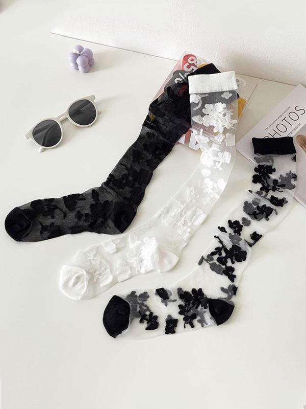 Women's 3 Pairs Floral Print Over The Calf Socks, Fashionable Comfy Socks For Daily Wear, Ladies Socks For All Seasons