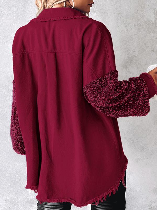  Contrast Sequin Raw Hem Button Front Shirt Jacket, Casual Long Sleeve Collared Pocket Outerwear for Fall & Winter, Women's Clothes for Daily Wear