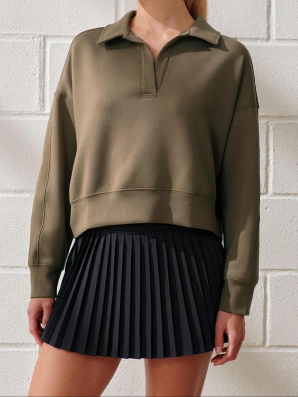 Women's Plain Drop Shoulder Polo Sweatshirt, Casual Long Sleeve Collared Pullover for Fall & Winter, Ladies Clothes for Daily Wear