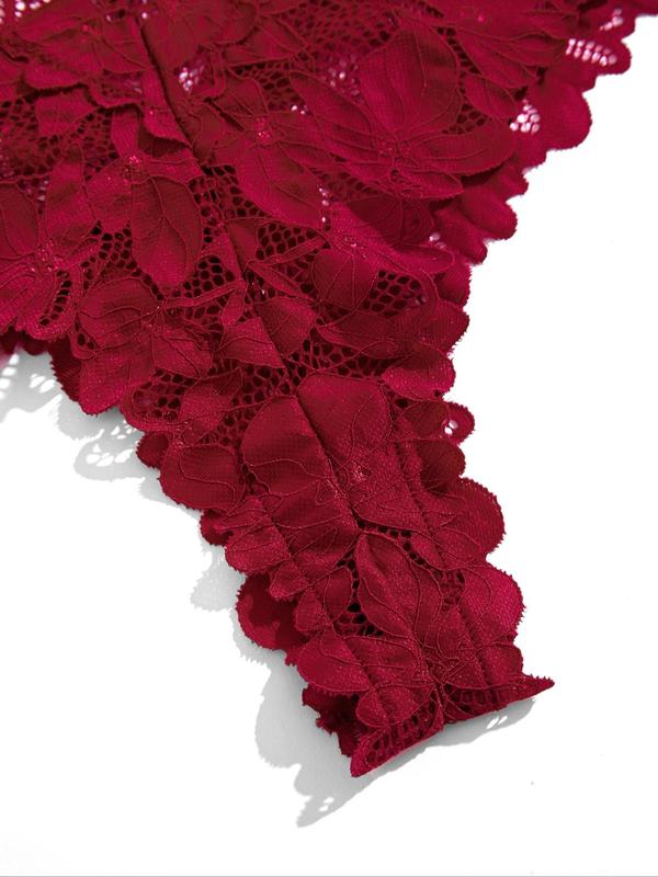 Women's Plants Embroidery Lace Sexy Lingerie Bodysuit, Romantic Deep V Neck Tie Backless Halter Sheer Bodysuit, Ladies One-Piece Lingerie for Nightwear
