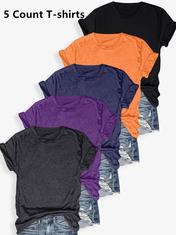 Women's Solid Round Neck Tee, Casual Short Sleeve Crew Neck T-shirt for Summer, Basic Tees, T Shirts for Women, Ladies Clothes for Daily Wear