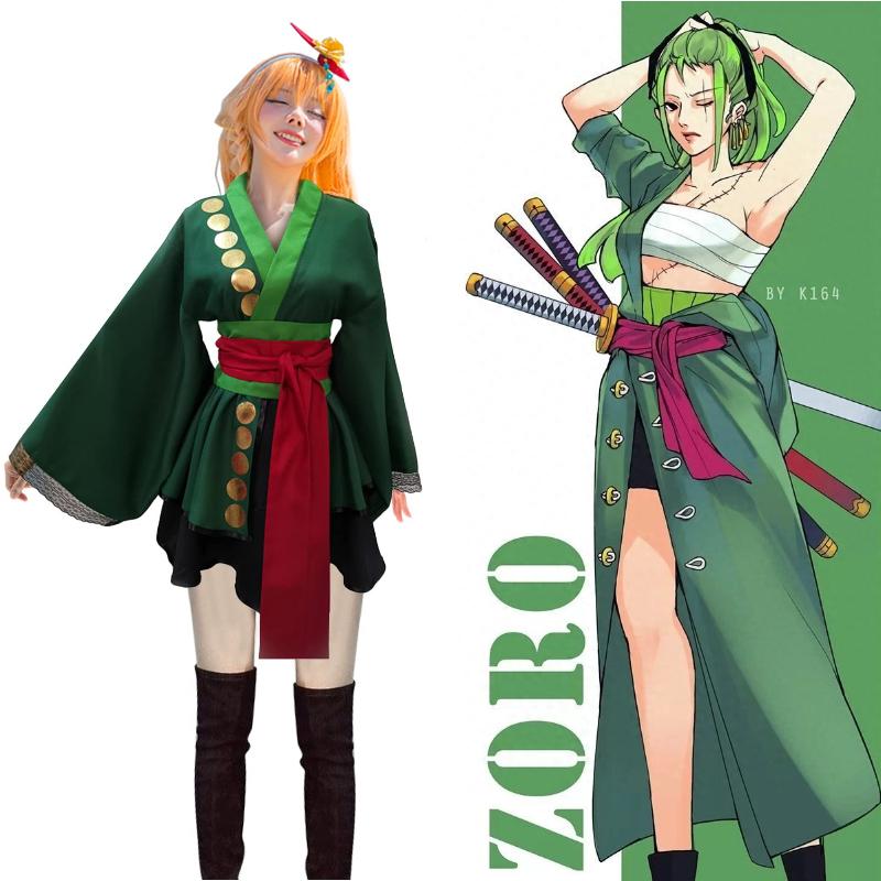 Anime One Piece Roronoa Zoro Cosplay Costume Lolita Kimono Robe Dress Skirt Outfits Halloween Suit Green Women with Belt Fabric Womenswear
