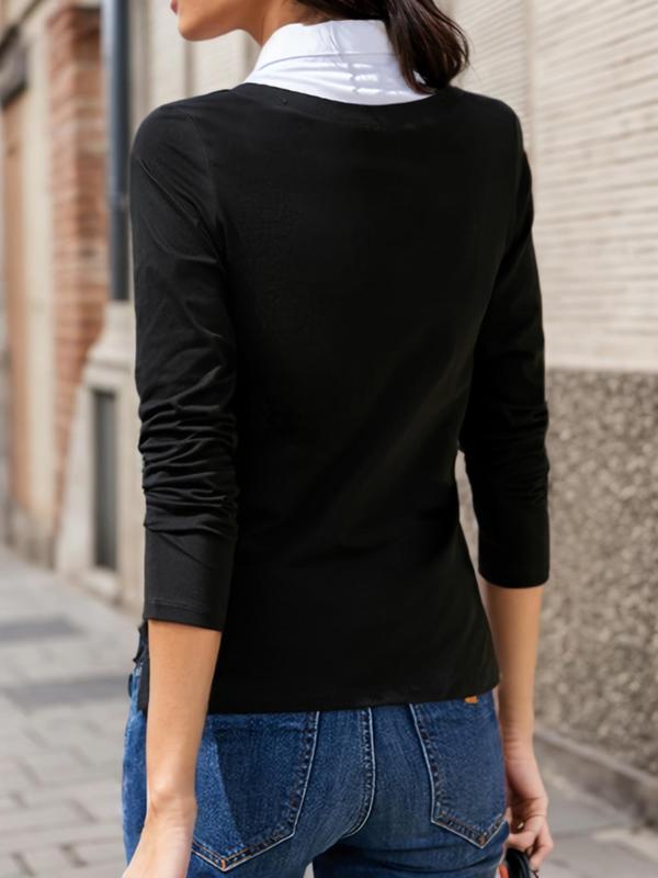 Women's Patchwork 2 in 1 Collared Polo Shirt, Casual Long Sleeve Button Front Top for Spring & Fall, Ladies Clothes for Daily Wear