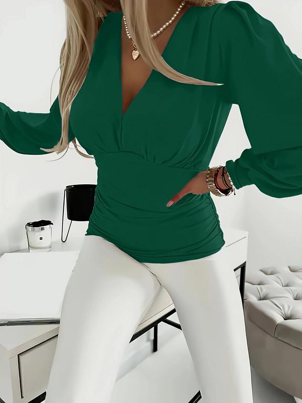 Women's Solid Ruched Deep V Neck Blouse, Casual Long Sleeve Going Out Tops for Spring & Fall, Summer Clothes, Women's Clothes for Daily Wear