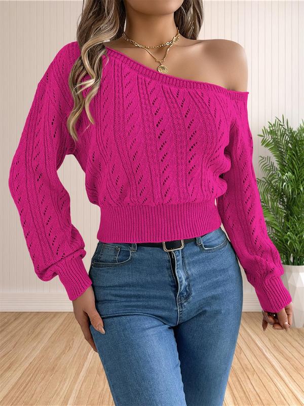 Women's Plain Hollow Out Drop Shoulder Sweater, Casual Long Sleeve Asymmetrical Neck Jumper for Fall & Winter, Fashion Ladies' Knitwear for Daily Wear