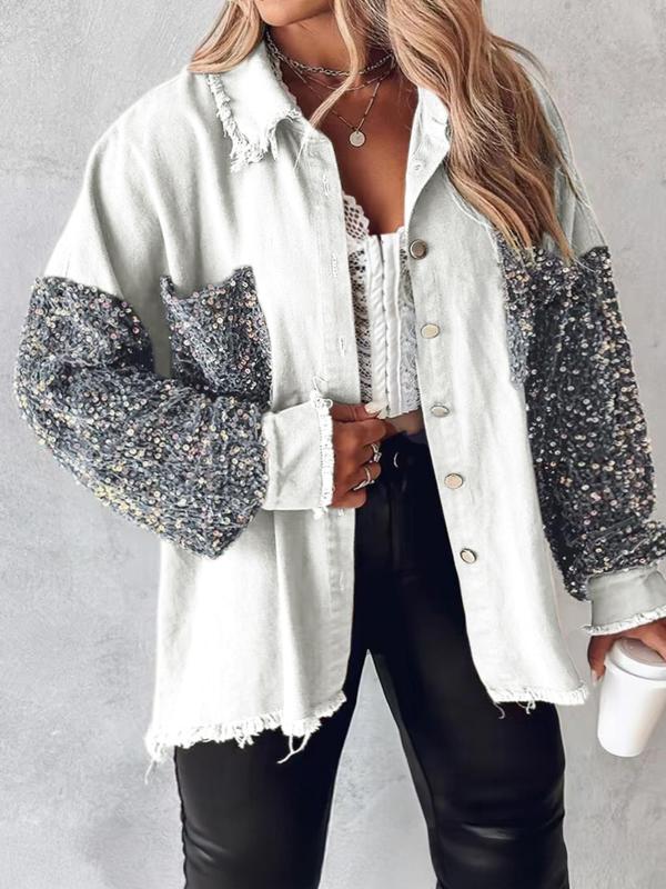  Contrast Sequin Raw Hem Button Front Shirt Jacket, Casual Long Sleeve Collared Pocket Outerwear for Fall & Winter, Women's Clothes for Daily Wear